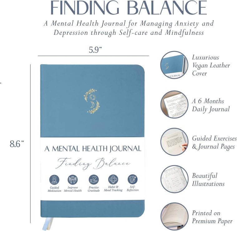 FINDING BALANCE Mental Health Journal – 6-Month Daily Journal with Prompts for Mindfulness, Self-Care & Healing – Anxiety & Depression Relief – Blue Hardcover - Image 2
