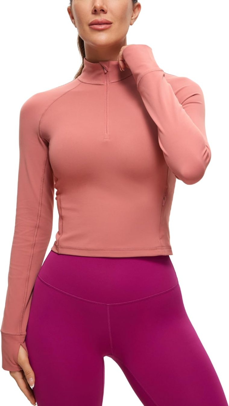 CRZ YOGA Women's Butterluxe Long Sleeve Workout Shirts Half Quarter Zip Athletic Tops Crop Collared T-Shirt