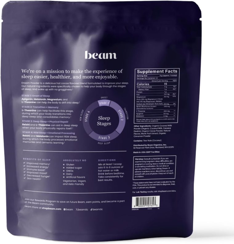Beam Dream Sleep Powder, Natural Sleep Aid and Magnesium Hot Cocoa Drink for Adults, Calming Sleep Supplement with Apigenin, Nighttime Sleep Drink Powder, Third Party Tested Supplement, 22 Servings - Image 9