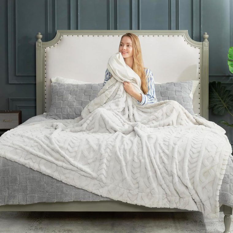 Cozy Bliss Faux Fur Throw Blanket for Couch, Jacquard Fuzzy Plush Soft Thick Winter Throw Blanket for Sofa Bed Living Room Bedroom，60"x80" Beige - Image 4