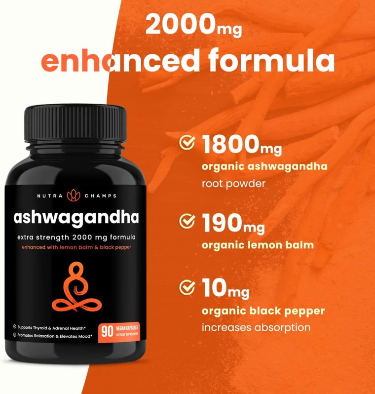NutraChamps Organic Ashwagandha Capsules, 2000mg Adrenal Fatigue, Thyroid & Mood Support Ashwagandha Supplements, Ashwagandha Root Powder & Lemon Balm, Superior Absorption with Black Pepper - Image 5