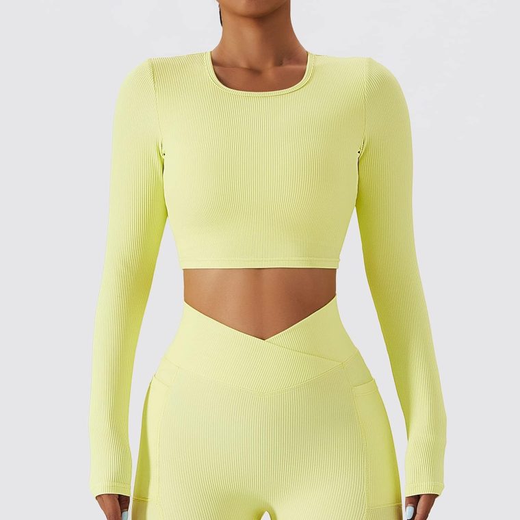 Chanllengym Women Backless Workout Crop T Shirt Top, Ribbed Long Sleeve Padded Sports Low Medium Impact Yoga Shirt - Image 4