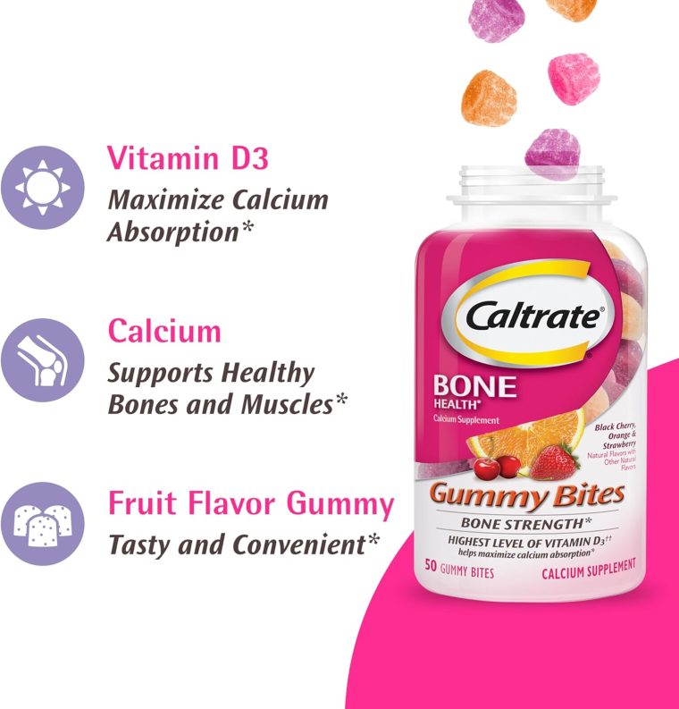 Caltrate Gummy Bites 500 mg Calcium and Vitamin D Supplement, Black Cherry, Strawberry, Orange - 50 Count - Image 6