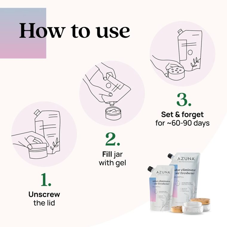Azuna Air Freshener & Odor Eliminator for Strong Odor | 2 Room Kit Includes (2) 8 oz. Empty Luxe Glass Jars & 12 oz | Refill with Tea Tree Essential Oil Gel | Aromatherapy | Last 60-90 Days - Image 3