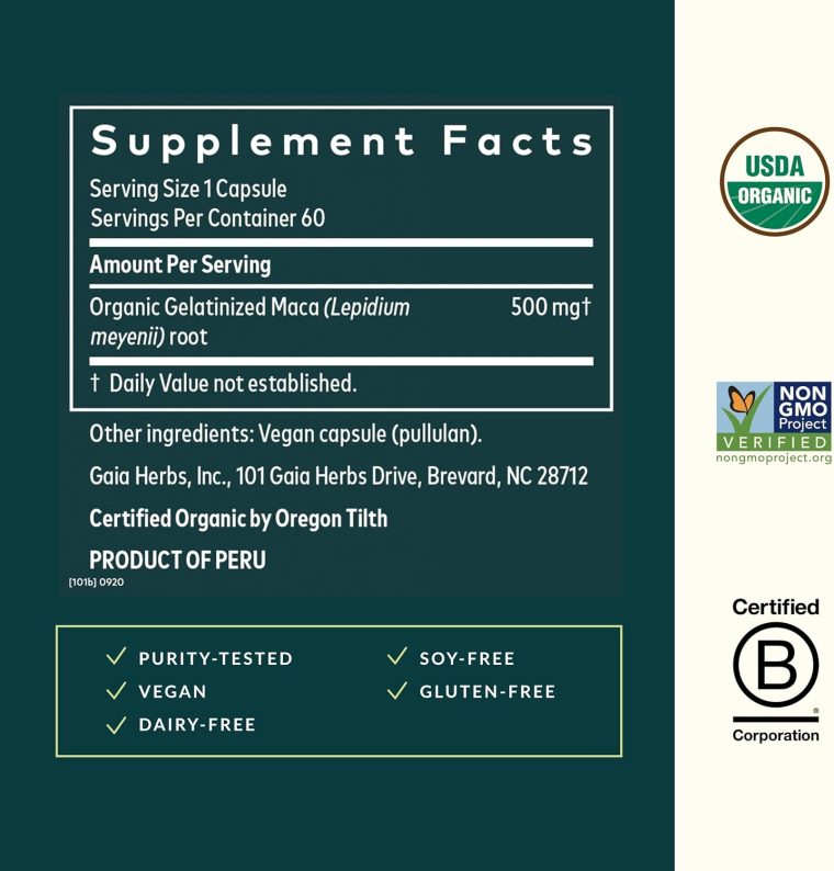 Gaia Herbs Maca Root - Caffeine-Free Natural Energy Supplement - Supports and Maintains Healthy Energy and Stamina - Made with Organic Maca Root (Lepidium meyenii) - 60 Vegan Capsules (30-Day Supply) - Image 3