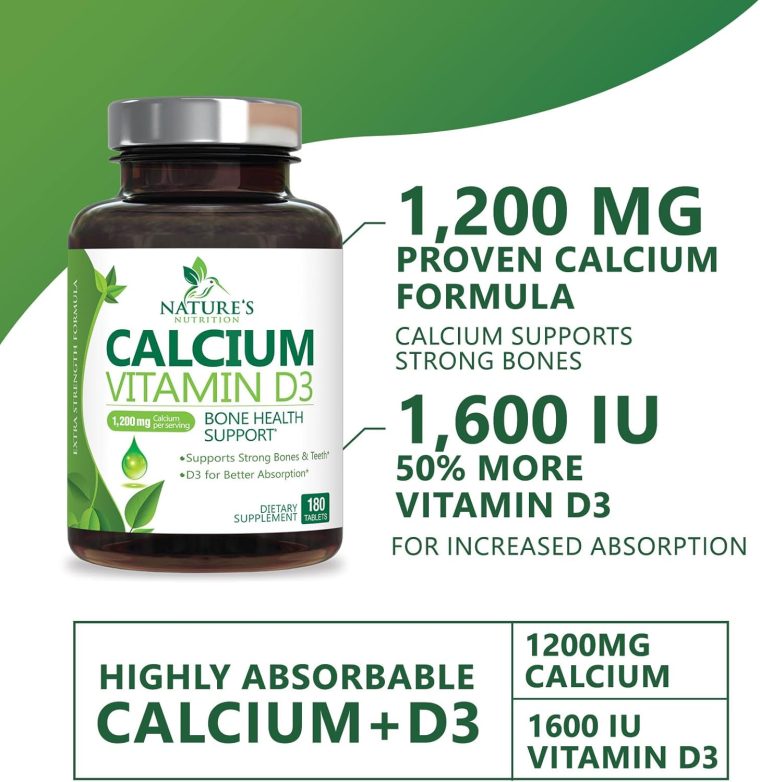 Calcium Supplement with Vitamin D - 1200 mg Calcium Carbonate with 1600 IU of D3 Vitamins - Supports Bone Strength, Teeth & Immune System - Natural & Easily Absorbable for Women & Men - 180 Tablets - Image 3
