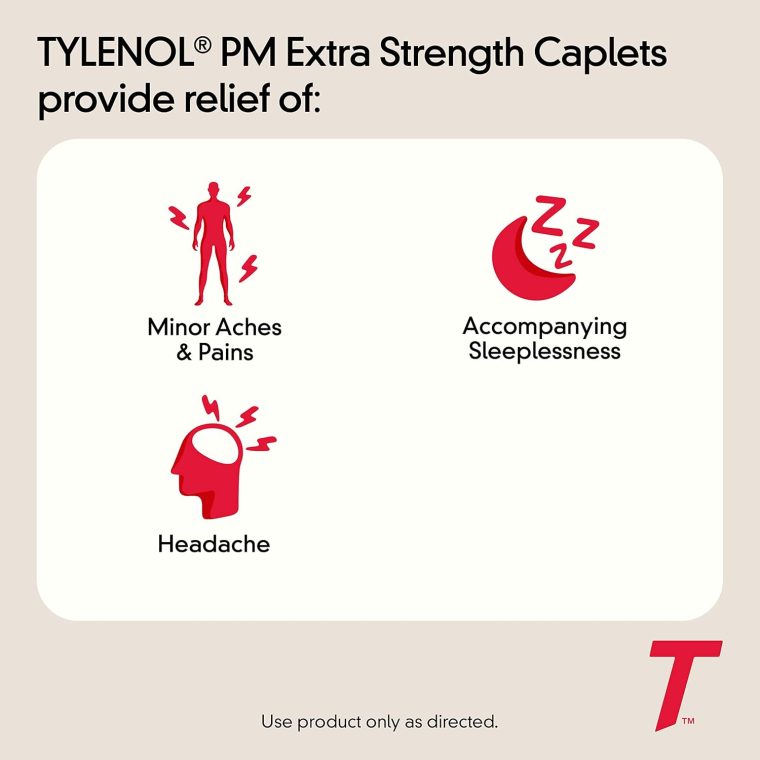 Tylenol PM Extra Strength Nighttime Pain Reliever & Sleep Aid Caplets, 500 mg Acetaminophen & 25 mg Diphenhydramine HCl, Relief for Nighttime Aches & Pains, Non-Habit Forming, 100 ct - Image 2