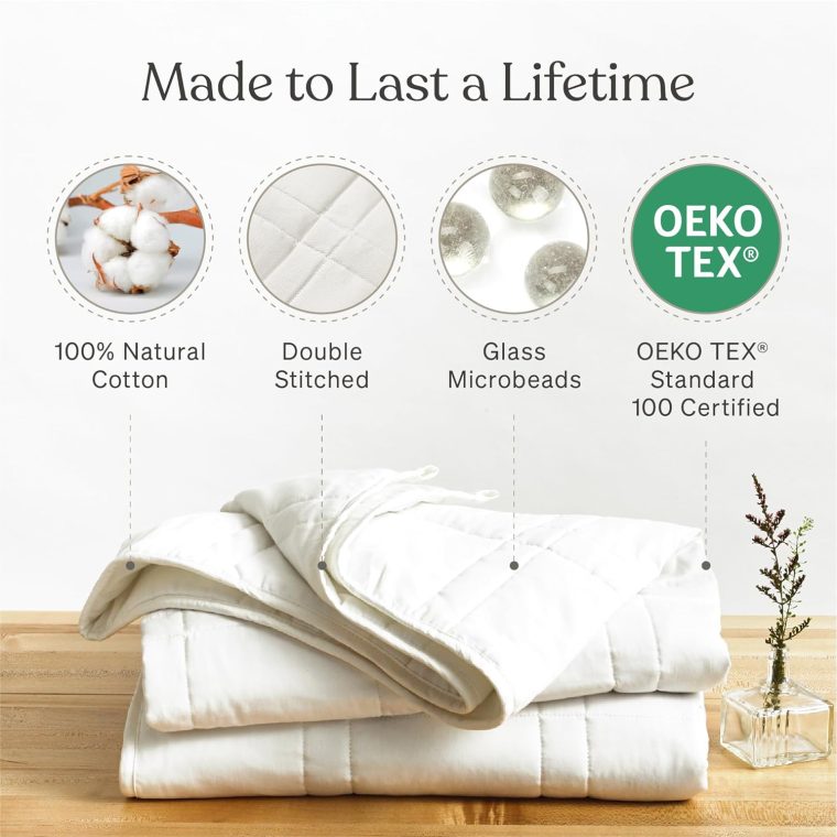 Baloo Weighted Blanket for Adults 20 lb (Pebble White, 60"x80") | Cool & 100% Cotton | Machine Washable & Dryer Safe | Glass Microbead Fill - Image 3