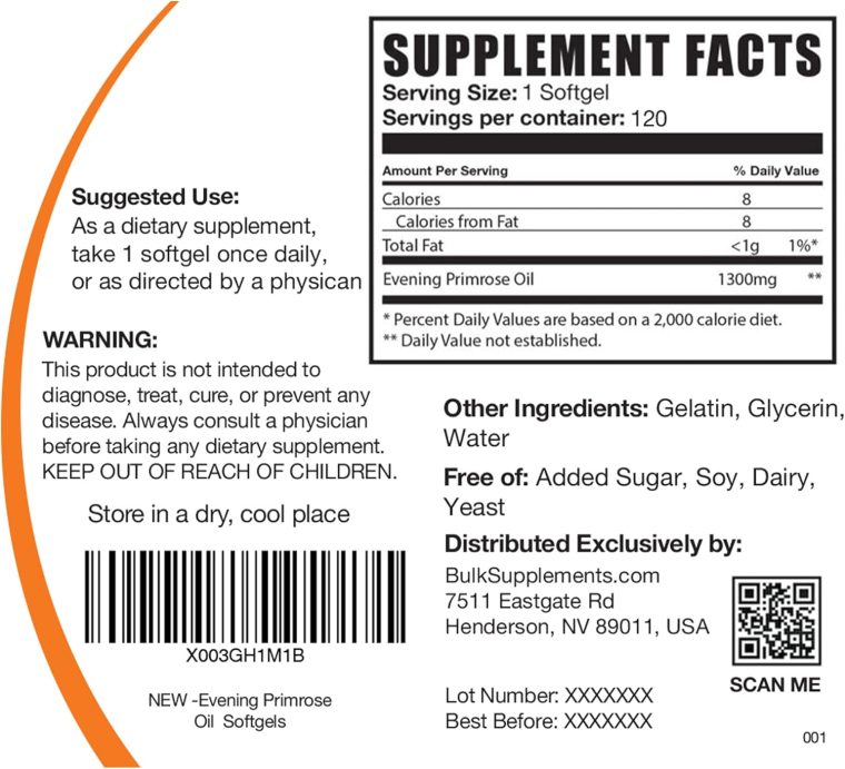 BulkSupplements.com Evening Primrose Oil Softgels - GLA Supplements, Evening Primrose Oil 1300mg - Gluten Free, 1 Softgel per Serving, 120 Count (Pack of 1) - Image 2