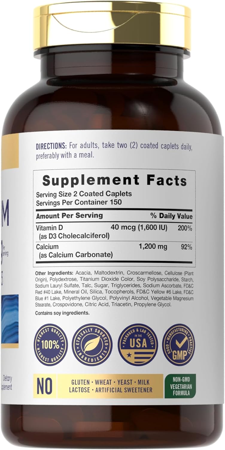 Carlyle Calcium 1200mg with Vitamin D3 | 300 Caplets | Non-GMO, Gluten Free, and Vegetarian - Image 2