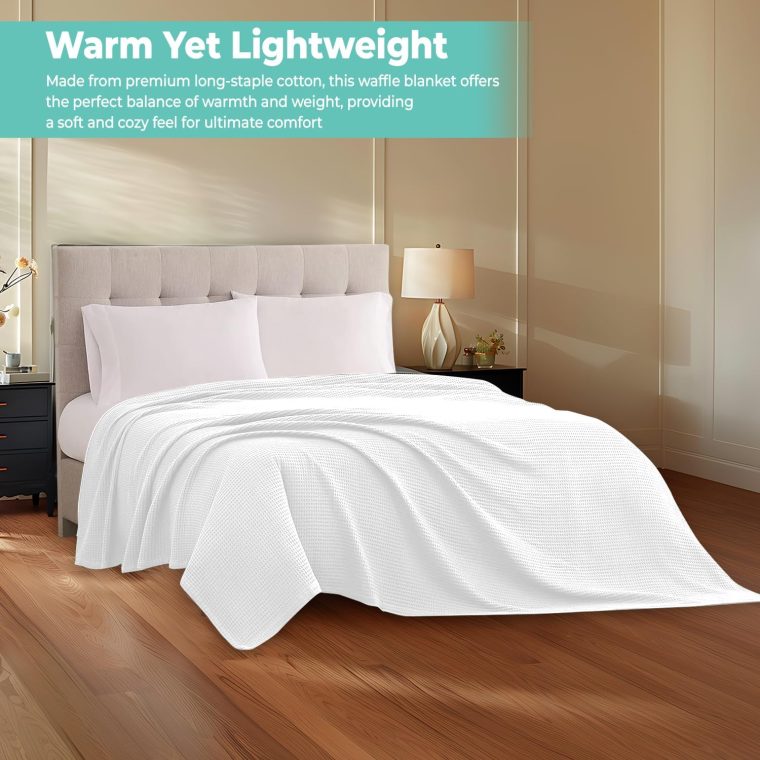 100% Cotton Blankets Queen Size for Bed - Waffle Weave Blankets for Summer, Lightweight and Breathable Soft Woven Blanket for Spring, (White, Queen (90" x 90")) - Image 4