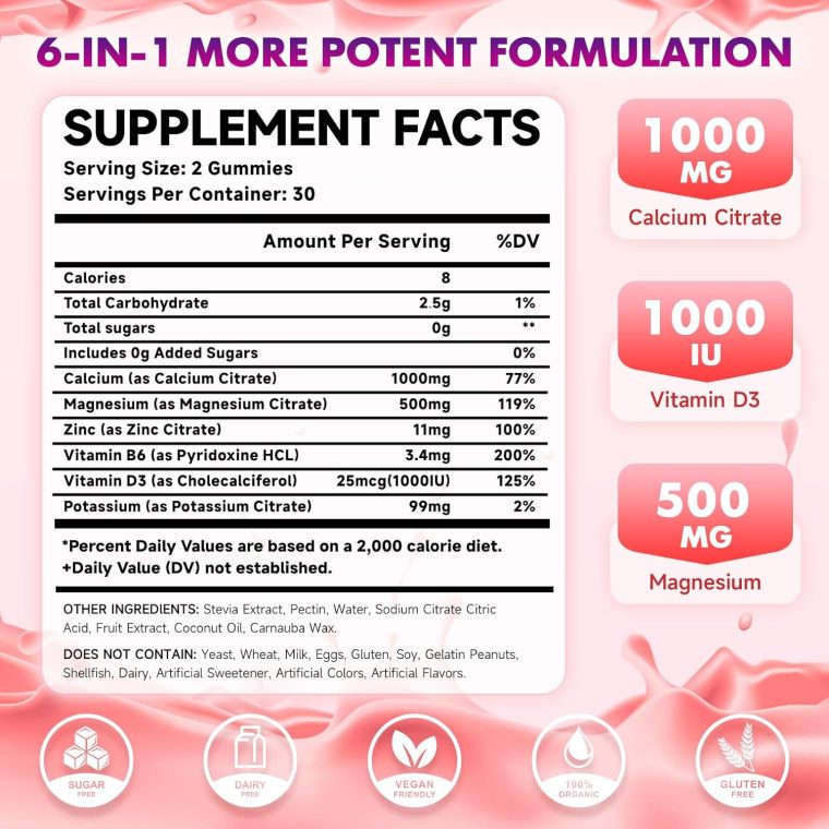 2 Pack Calcium Citrate Gummies 1000mg w/Vitamin D3, High Absorption Calcium Gummies for Women & Men, Plus Magnesium, Potassium, Zinc for Muscle & Immune, Raspberry Flavor, 120 Count - Image 2