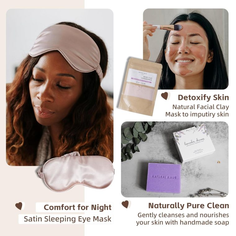 Natural Amor Spa Gift Set for Women – Handmade Lavender Soap, Rose Clay Mask, Candle, Rose Bath Salt & Sleep Mask – Relaxing Self Care Kit, Birthday Gift Box for Her - Image 4