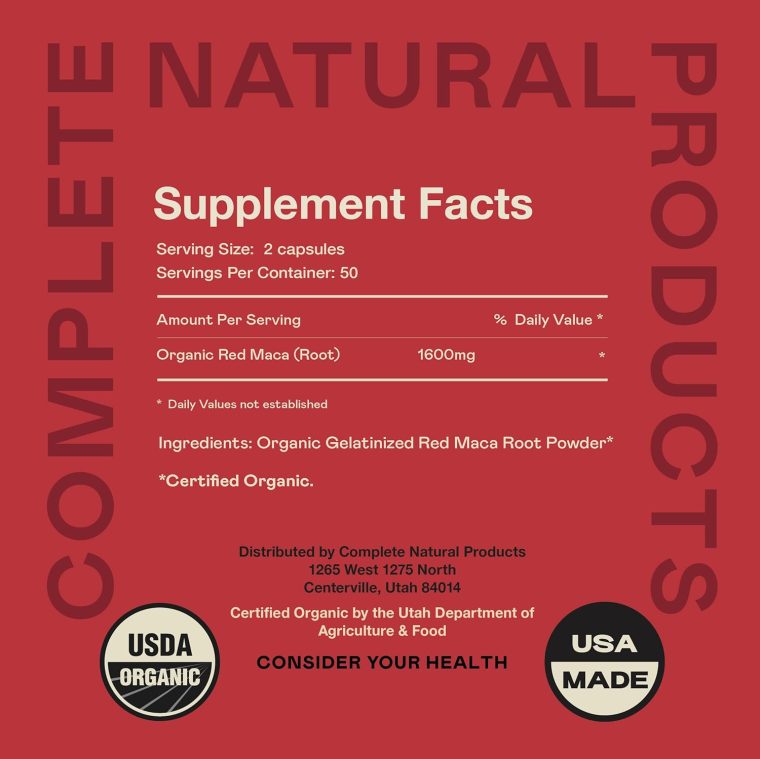 Complete Natural Products Organic Red Maca Root Capsules - 800mg 100 Gelatinized Pills, Pure Red Raw Maca Root Powder Supplement - Image 4
