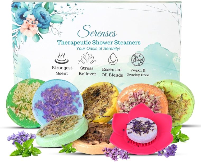Shower Steamers Aromatherapy, 8 Packs Shower Tablets with Tray, Shower Bombs with Essential Oils, Spa kit, Self Care & Relaxation, Shower Bombs for Women Aromatherapy (8 pcs with Tray)