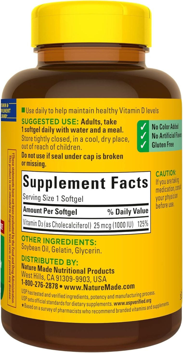 Nature Made Vitamin D3 1000 IU (25 mcg), Dietary Supplement for Bone, Teeth, Muscle and Immune Health Support, 300 Softgels, 300 Day Supply - Image 8