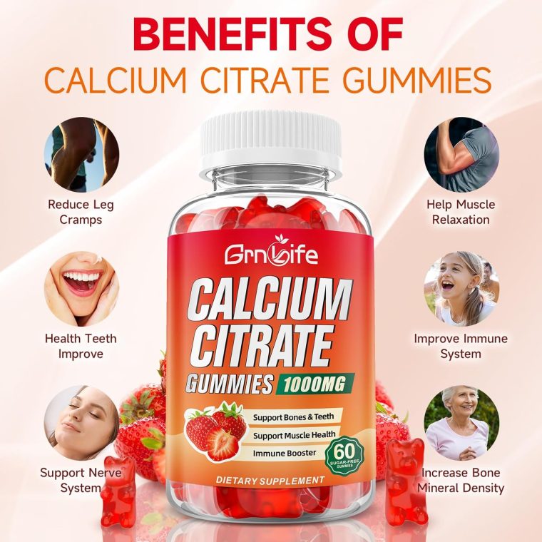 2 Pack Calcium Citrate Gummies, Sugar Free Calcium Citrate 1000mg for Muscle Healthy, Absorption Calcium Supplements for Adults & Kids, Strawberry, 120 Count - Image 3