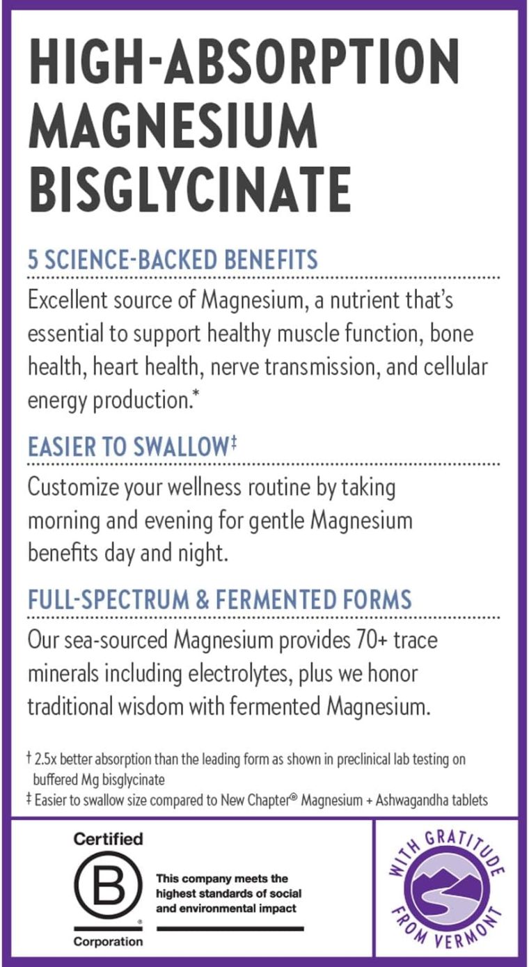 New Chapter Magnesium Complex Supplement for Heart, Bone, Nerve, Muscle & Cellular Energy - Well-Absorbed Magnesium Glycinate + Sea-Sourced & Fermented Forms, 100% Vegan, 60 Tablets - Image 8