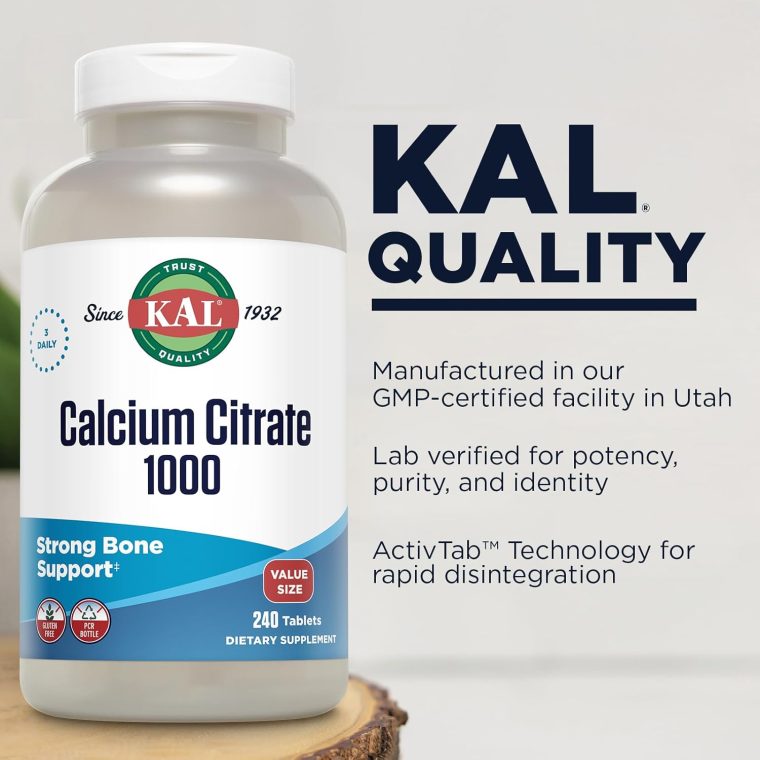 KAL Calcium Citrate 1000mg, Calcium Supplements for Women and Men, Bone Health, Teeth, Nervous, Muscular & Cardiovascular System Support, Gluten Free and Lab Verified, 80 Servings, 240 Tablets - Image 4