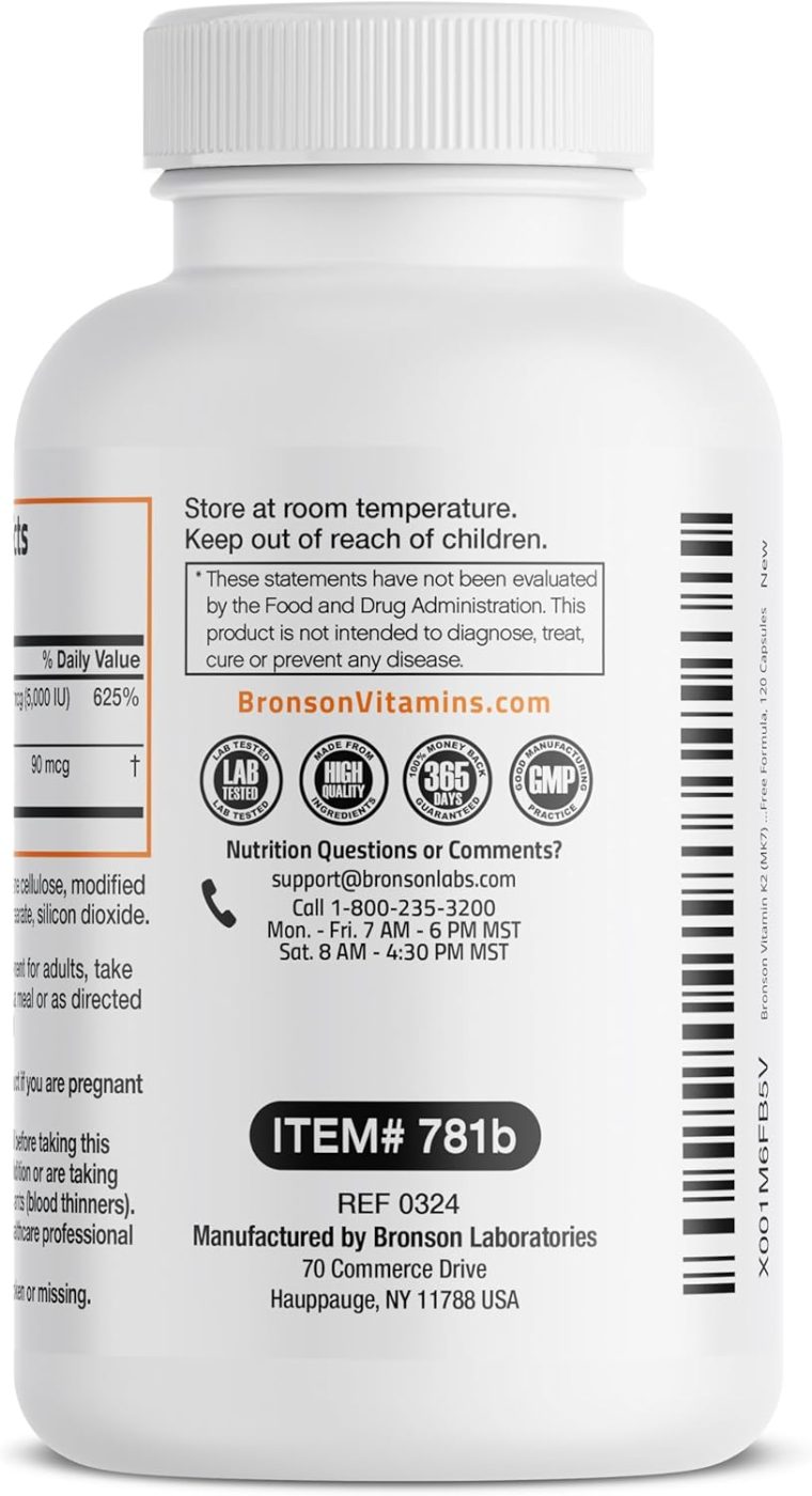 Bronson Vitamin K2 (MK7) with D3 Supplement Non-GMO Formula 5000 IU Vitamin D3 & 90 mcg K2 MK-7 Easy to Swallow D & K Complex, 120 Capsules - Image 7