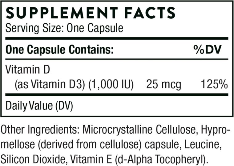 THORNE Vitamin D3 Supplement - Supports Healthy Bones, Teeth, Muscles, Cardiovascular & Immune Function* - Gluten, Dairy & Soy-Free - 1,000 IU - 90 Capsules - Image 2