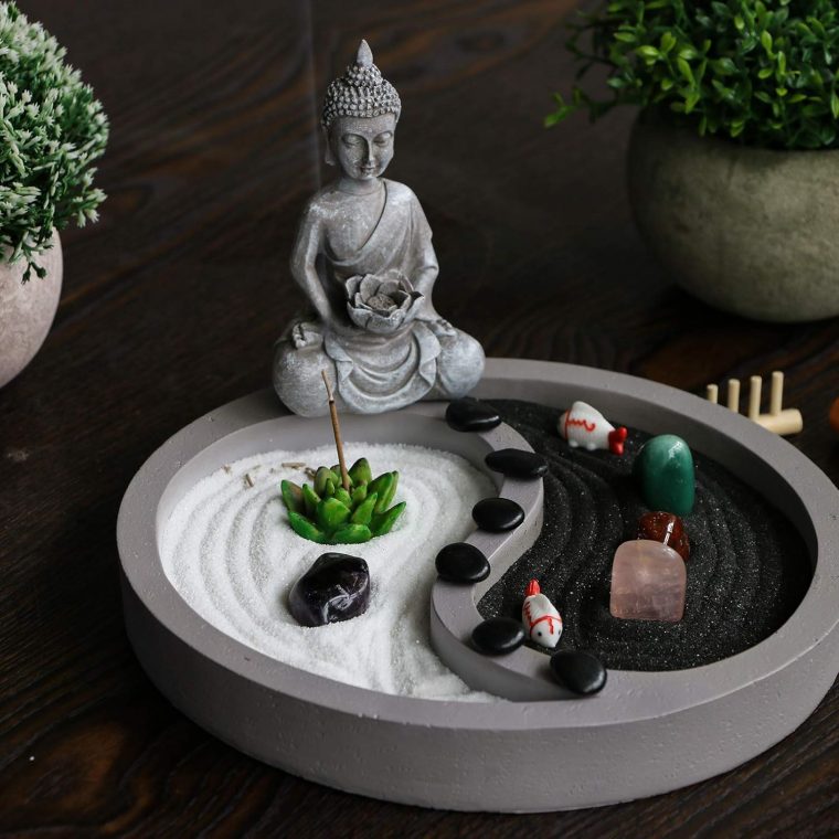 Mini Zen Garden Kit for-Desk - Yin Yang Crystal Sand Rock Garden with Zen Rake Buddha Statue Healing Stones White Sand, Japanese Meditation Gift Set for Home Office Desktop Fidget Toys - Image 2