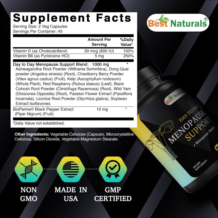Best Naturals Day-to-Day Menopause Supplements for Women with Ashwagandha, Dong Quai, Chastberry, Kelp, Red Raspberry, Black Cohosh & BioPerine 90 Veg Capsules - Image 2