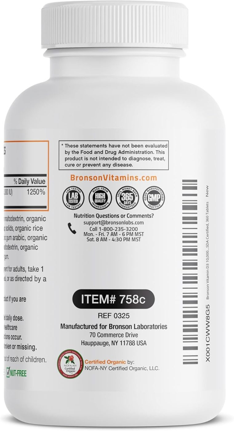 Bronson Vitamin D3 10,000 IU (250 mcg) Certified Organic High Potency Non-GMO Vitamin D Supplement, 360 Tablets - Image 6