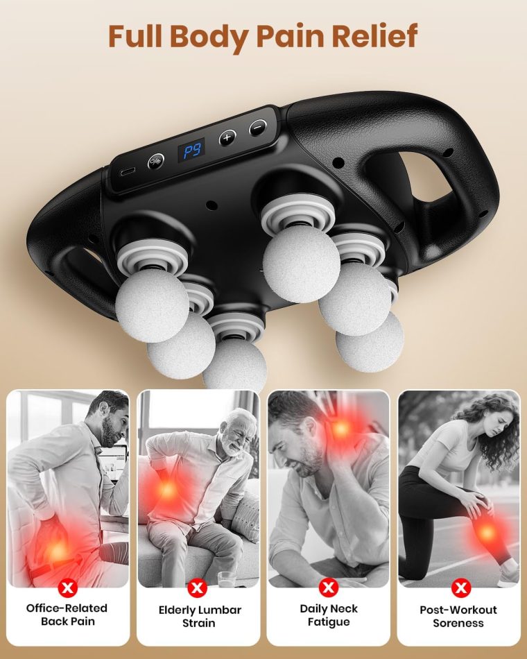 6-Head Massage Gun, Deep Tissue Back Massager with 32 Adjustable Intensities & 9 Modes, Electric Percussion Massager, Gun Tool for Back/Shoulders/Legs/Arms/Neck & Full Body Muscle Pain Relief - Image 5