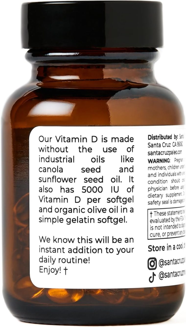 Santa Cruz Paleo Vitamin D Supplement, Bone Health & Immune Support, 5000 i.u. Per Softgel, Gluten Free, Keto, Sugar Free, Paleo, Vitamin D3, Olive Oil for Absorption, Natural Ingredients, 60 Softgels - Image 6