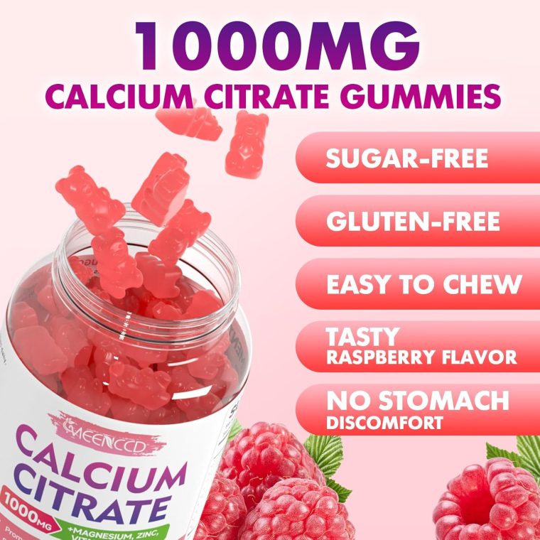 2 Pack Calcium Citrate Gummies 1000mg w/Vitamin D3, High Absorption Calcium Gummies for Women & Men, Plus Magnesium, Potassium, Zinc for Muscle & Immune, Raspberry Flavor, 120 Count - Image 7