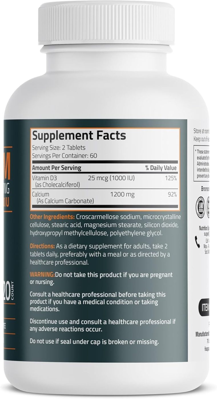 Bronson Calcium 1200mg Per Serving Plus Vitamin D3 1000 IU High Potency Formula, Non-GMO, 120 Tablets - Image 2
