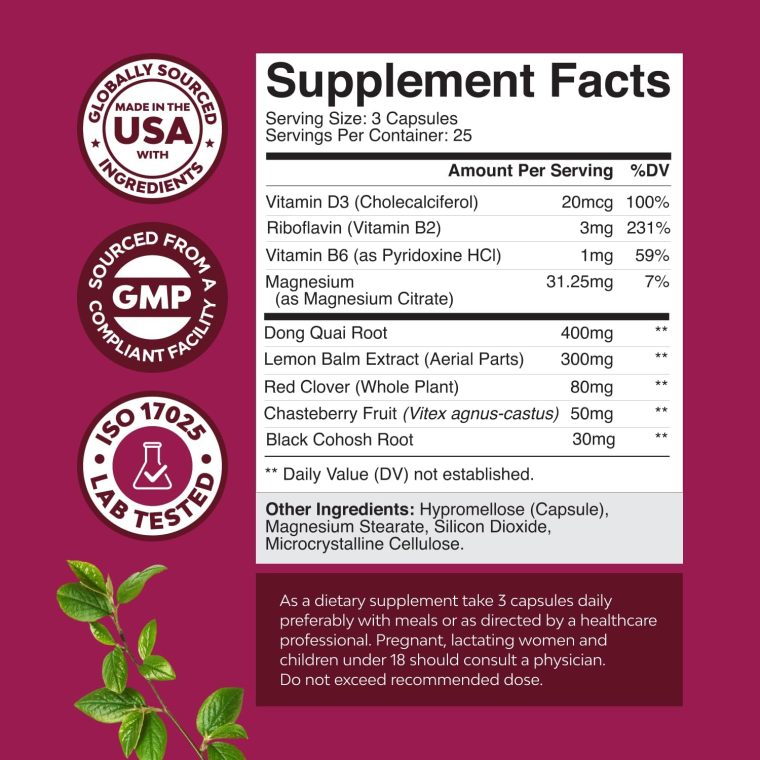 Complete Herbal Menopause Supplement for Women - Soy Free Female Hormone Balance Capsules for Night Sweats, Hot Flashes & Mood Swings with Dong Quai, Chaste Berry & Black Cohosh Root - 75 Count Pack - Image 2