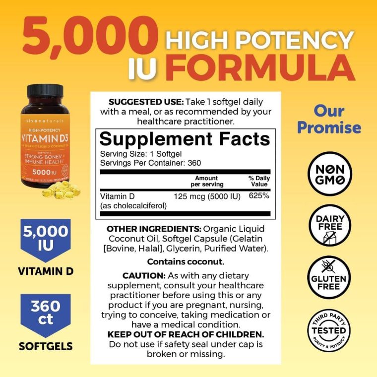 Viva Naturals Vitamin D3 5000 IU Softgels - 360 Count 125 mcg Softgel, Essential D3 Vitamin, Supports Bone Health, Immune Support, Premium Vitamin D, High Potency Vitamin D 5000 IU - Image 3