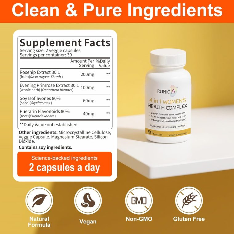 4-in-1 Women’s Health Complex | Rosehip, Pueraria & Evening Primrose with Soy Isoflavones | Menstrual Cycle, Menopause, Energy Level & Healthy Skin Support - Image 3
