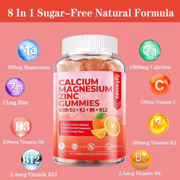 Sugar Free Calcium Magnesium Zinc Supplement Gummies with Vitamin D3 & B12 for Women and Men High Absorption Calcium Magnesium Supplement for Immune Support (120 Counts) - Image 3
