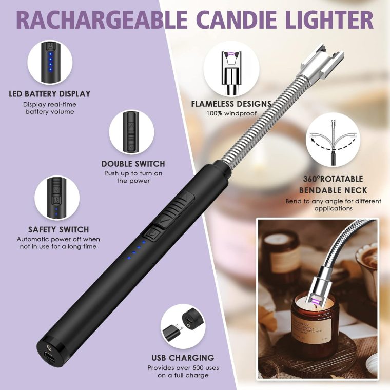 5 in 1 Candle Accessory Set,Candle Wick Trimmer Cutter,Candle Wick Dipper,Candle Wick Snuffer,Rechargeable Candle Lighter,Tweezers,Stainless Steel Candle Care Kit Home Gift for Aromatherapy(Black) - Image 2