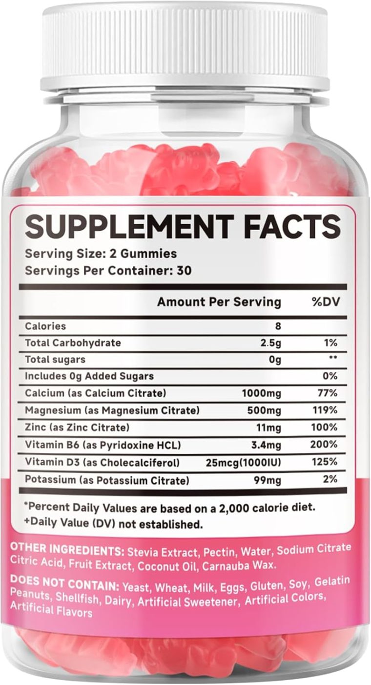 2 Pack Calcium Citrate Gummies 1000mg w/Vitamin D3, High Absorption Calcium Gummies for Women & Men, Plus Magnesium, Potassium, Zinc for Muscle & Immune, Raspberry Flavor, 120 Count - Image 8