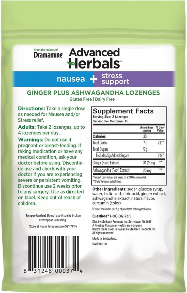 From the Makers of Dramamine, Advanced Herbals, Nausea and Stress Support with Ginger and Ashwagandha, Tropical Fruit and Ginger Flavored Lozenges, 20 Ct - Image 7