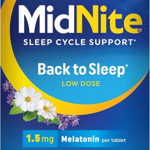 MidNite Back to Sleep Low Dose, 1.5 mg Melatonin Sleep Aid, Non-Habit Forming, Herbal Dietary Supplement for Adults, Drug-Free, Gluten-Free, Lactose-Free, Vegetarian, Vegan, 30 Quick Melt Tablets