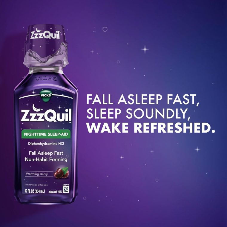 ZzzQuil, Sleep Aid, Nighttime Sleep Aid Liquid, 50 mg Diphenhydramine HCl, Fall Asleep Fast, Non-Habit Forming, Warming Berry Flavor, 12 FL OZ (Pack of 2) - Image 4