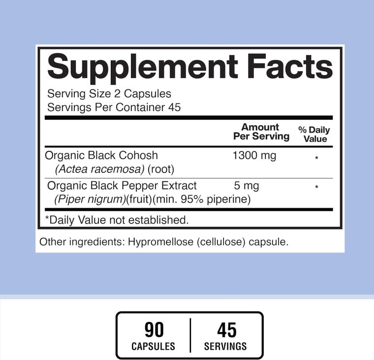 American Standard Supplements Black Cohosh 1300mg Per Serving with Black Pepper Fruit Extract - Vegan, Gluten Free, Non-GMO, 90 Capsules, 45 Servings - Image 3