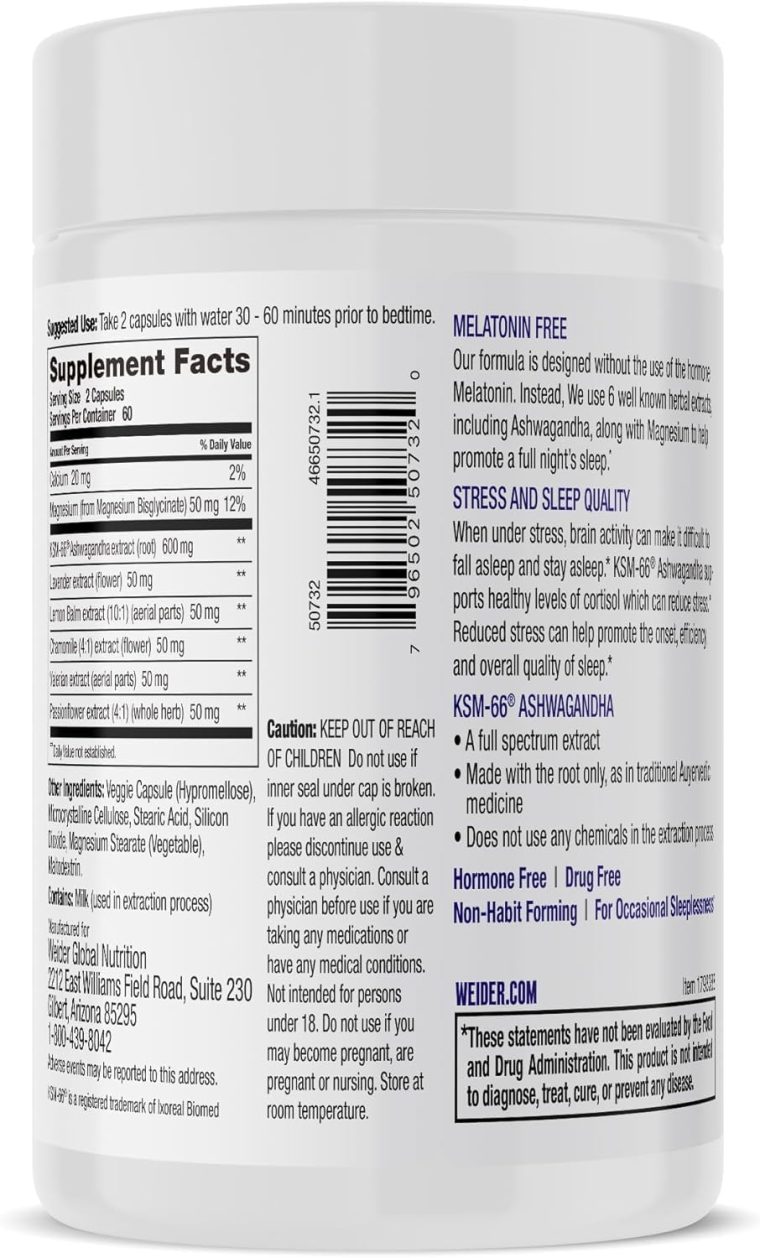 Weider Melatonin Free Sleep Aid Supplement with KSM-66 Ashwagandha, Magnesium, Lavender, Lemon Balm, Chamomile, Valerian and Passionflower Extracts, Hormone & Drug- Free, Non-Habit Forming, 120ct - Image 2