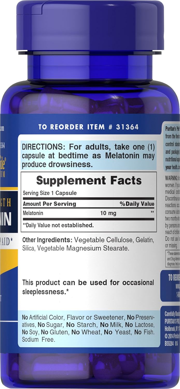 Puritan's Pride Premium Super Strength Melatonin 10mg Sleep Aid, Dietary Supplement for Sound, Restful, and Longer Sleep Support, 4 Month Supply, 120 Rapid Release Capsules (Packaging May Vary) - Image 3