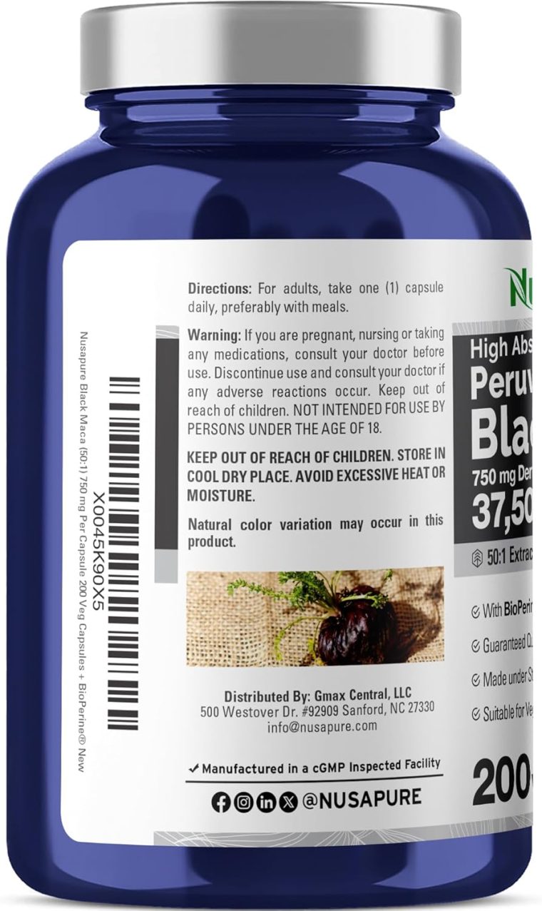 NusaPure Black Maca Root 50:1 Extract, 750 mg Equivalent to 37,500 mg 200 Veggie Per Caps (Vegan, Non-GMO) - Image 3