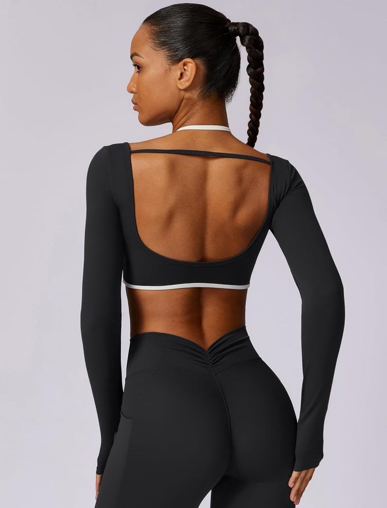 ABOCIW Womens Workout Crop Top Halter Long Sleeve Sports Bra Low Medium Impact Yoga Top T Shirts with Built in Bra - Image 2