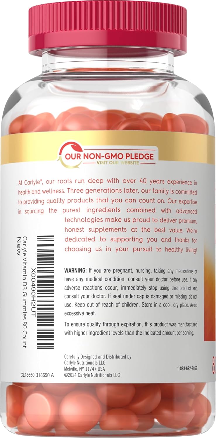Carlyle Vitamin D3 10000iu Gummies for Adults | 80 Count | Peach Flavored Gummy | High Potency for Women & Men | Vegetarian, Non-GMO, Gluten Free Supplement - Image 3