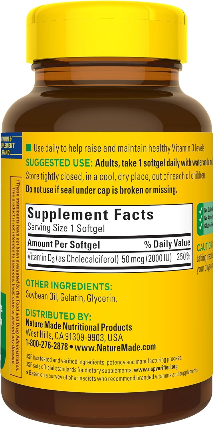 Nature Made Vitamin D3 2000 IU (50 mcg), Dietary Supplement for Bone, Teeth, Muscle and Immune Health Support, 250 Softgels, 250 Day Supply - Image 8