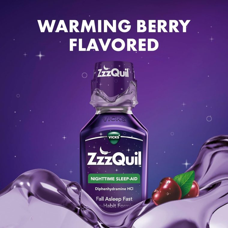 ZzzQuil, Sleep Aid, Nighttime Sleep Aid Liquid, 50 mg Diphenhydramine HCl, Fall Asleep Fast, Non-Habit Forming, Warming Berry Flavor, 12 FL OZ (Pack of 2) - Image 7