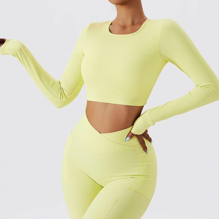 Chanllengym Women Backless Workout Crop T Shirt Top, Ribbed Long Sleeve Padded Sports Low Medium Impact Yoga Shirt - Image 3